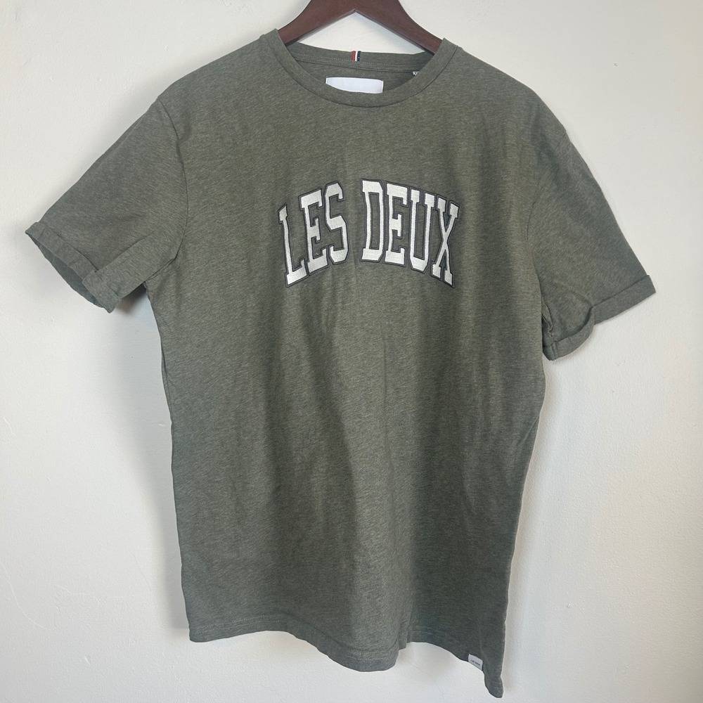 Les Deux‎ Crane T-Shirt Women XXL Olive Green Arched Logo Scandi Top